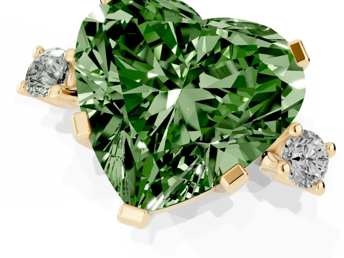 Fancy Green Heart Cut Cut Three-Stone Solitaire Ring with Round Accent Diamonds and Four-Prong Setting Yellow gold