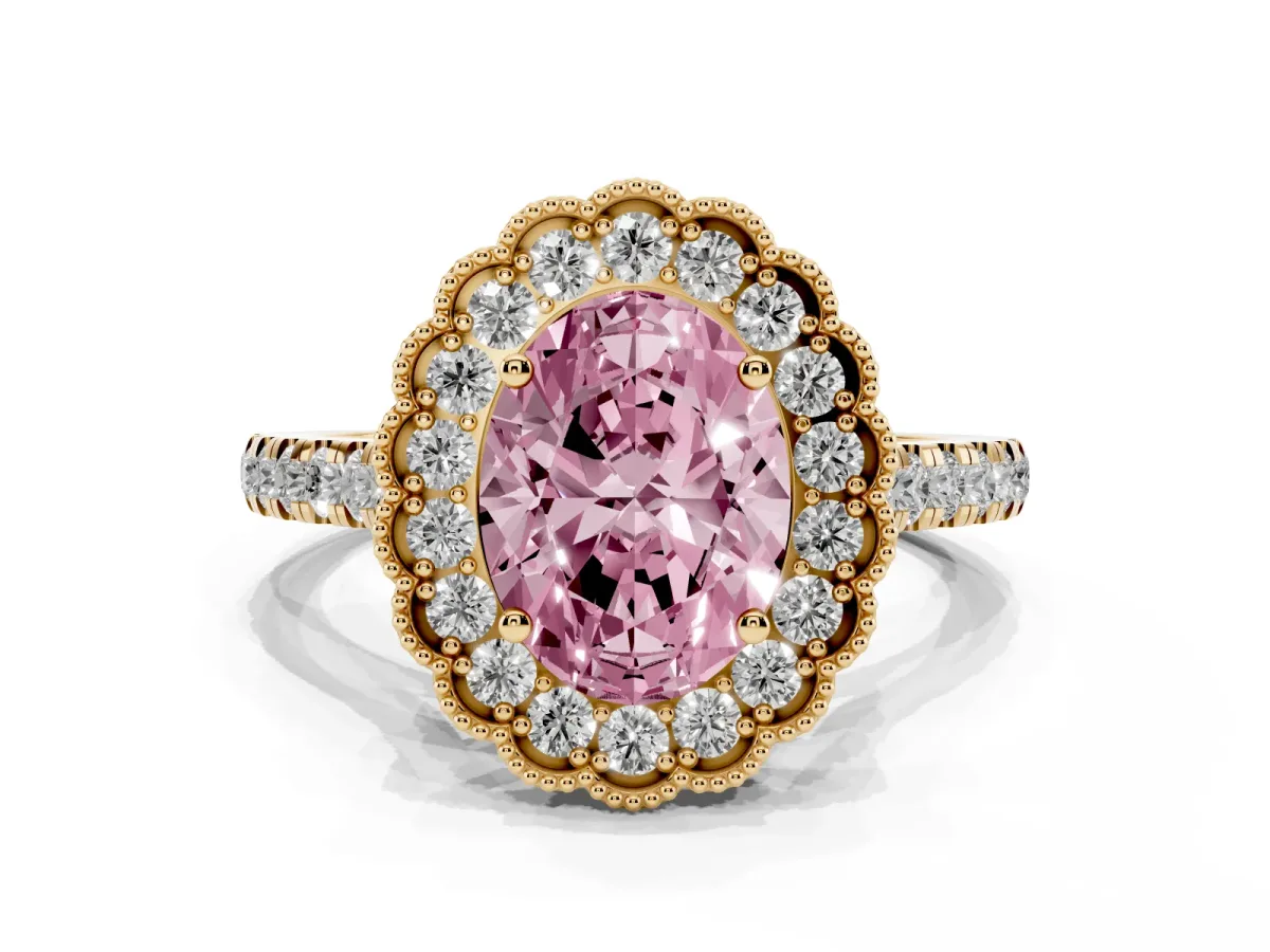 Fancy Pink Oval Cut Cut Diamond Milgrain Floral Halo Engagement Ring with Pavé Band Yellow gold