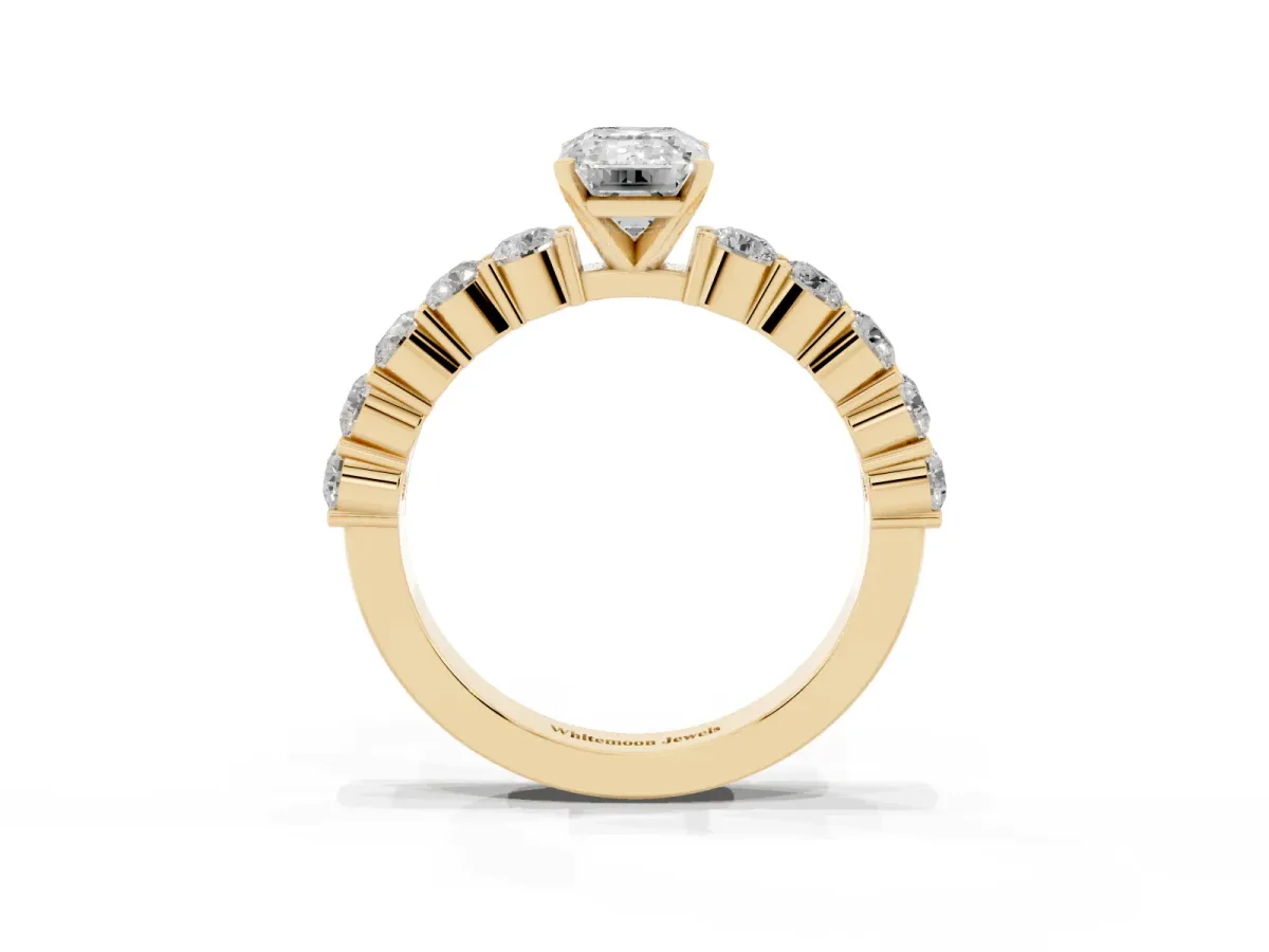 Emerald Cut Diamond Solitaire Ring with Shared Prong Round Side Stones Yellow gold