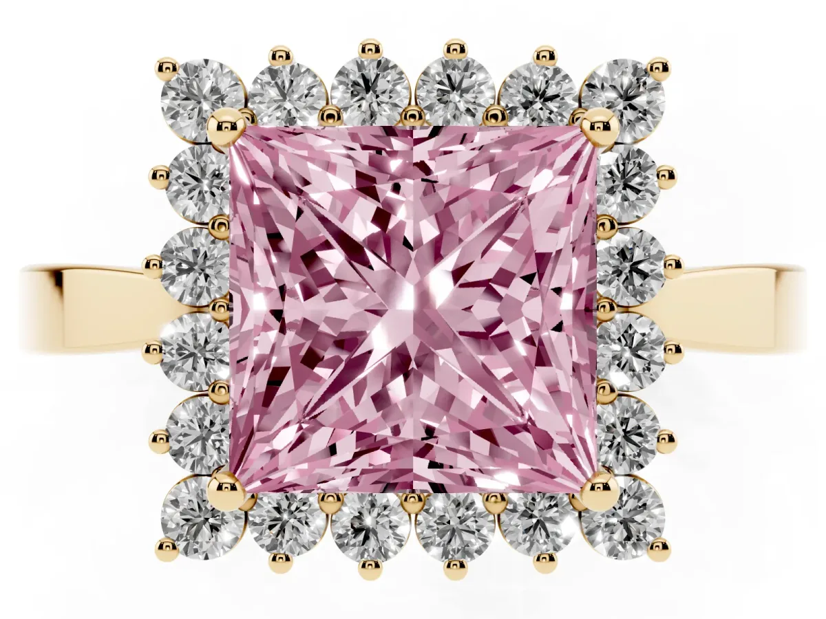 Fancy Pink Princess Cut Cut Diamond Halo Ring with Round Brilliant Halo and Solitaire Band Yellow gold