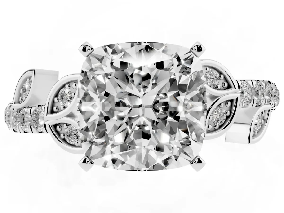 Cushion Cut Solitaire Leaf-Inspired Diamond Ring with Pavé Band and Four-Prong Setting Silver