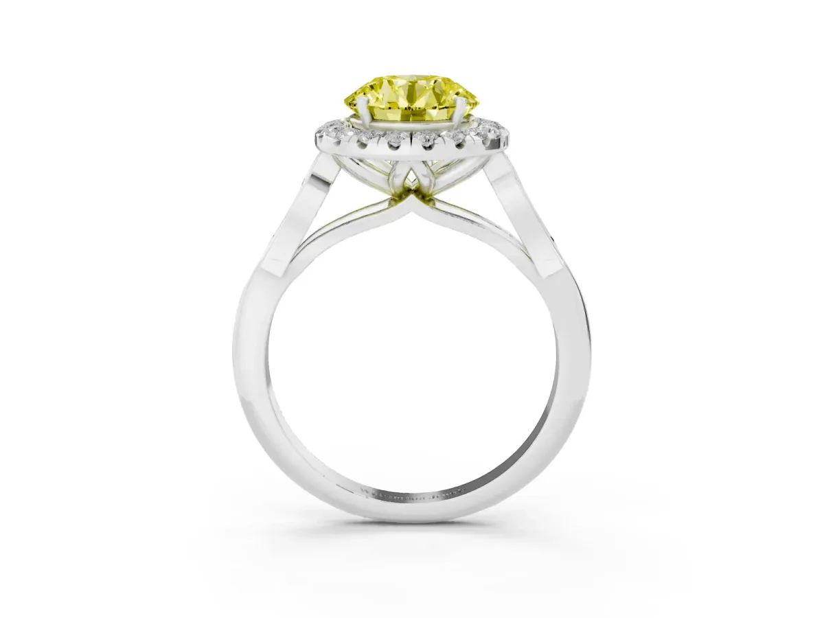 Fancy Yellow Round Cut Halo Diamond Engagement Ring with Filigree Band and Four-Prong Setting Platinum