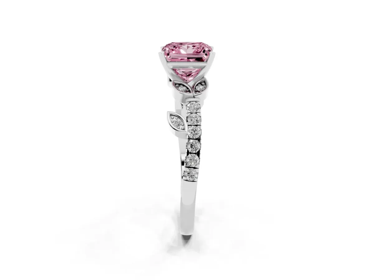 Fancy Pink Princess Cut Solitaire Leaf-Inspired Diamond Ring with Pavé Band and Four-Prong Setting Silver