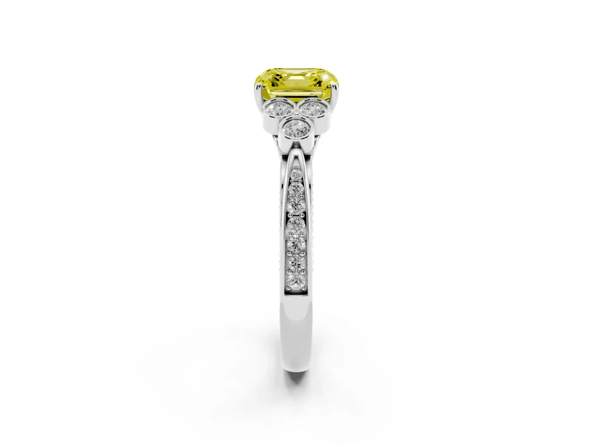 Fancy Yellow Asscher Cut Cut Diamond Engagement Ring with Bezel Set Round Side Stones and Prong Setting Silver