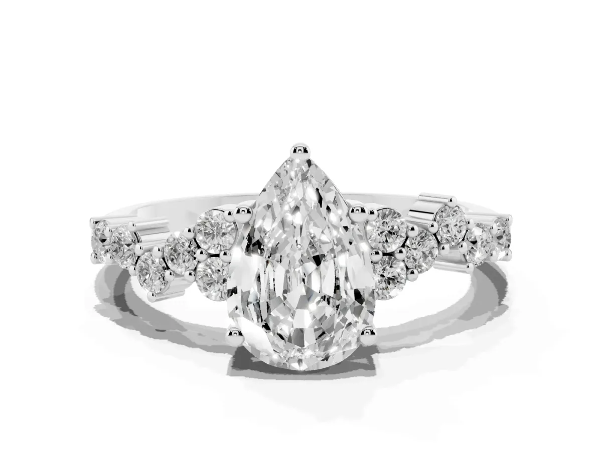 Pear Cut Diamond Scattered Round Accent Ring with Prong Setting White gold