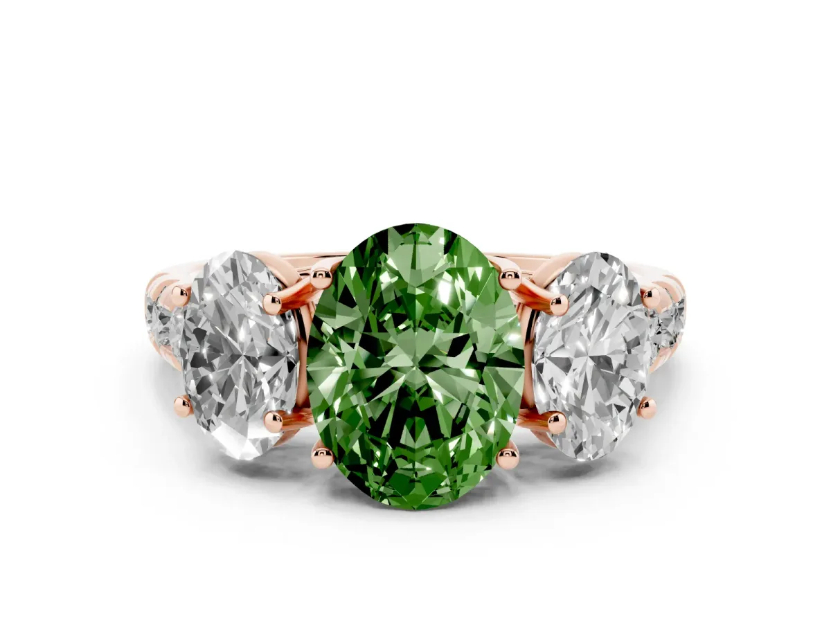 Fancy Green Three-Stone Oval Cut Diamond Pavé Band with Prong Setting Rose gold