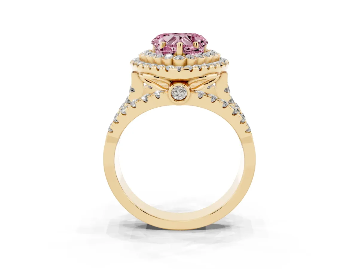 Fancy Pink Heart Cut Diamond Double Halo Ring with Round Pavé Split Shank and Prong Setting Yellow gold