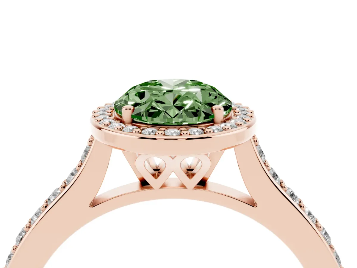Fancy Green Oval Cut Diamond Halo Engagement Ring with Round Pavé Shoulders and Prong Setting Rose gold