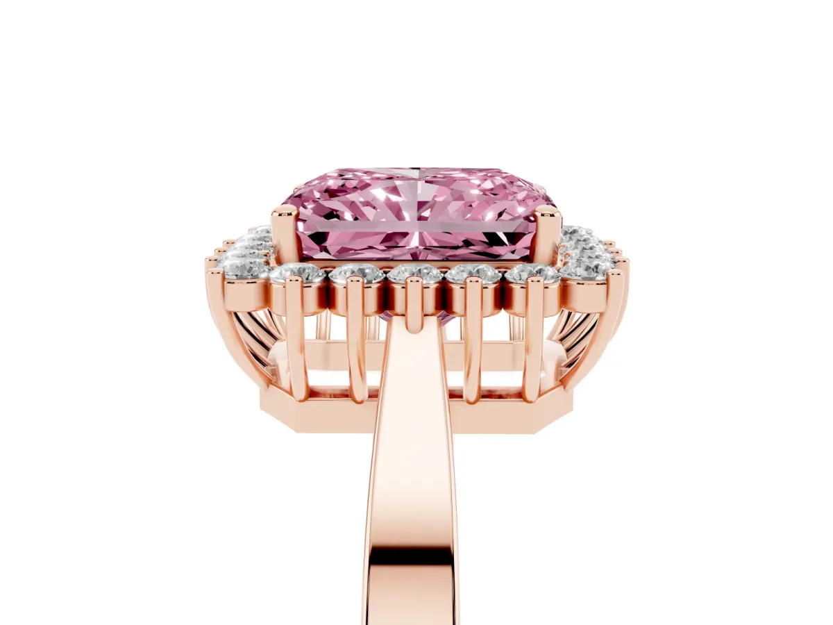 Fancy Pink Radiant Cut Cut Diamond Halo Ring with Round Brilliant Halo and Solitaire Band Rose gold