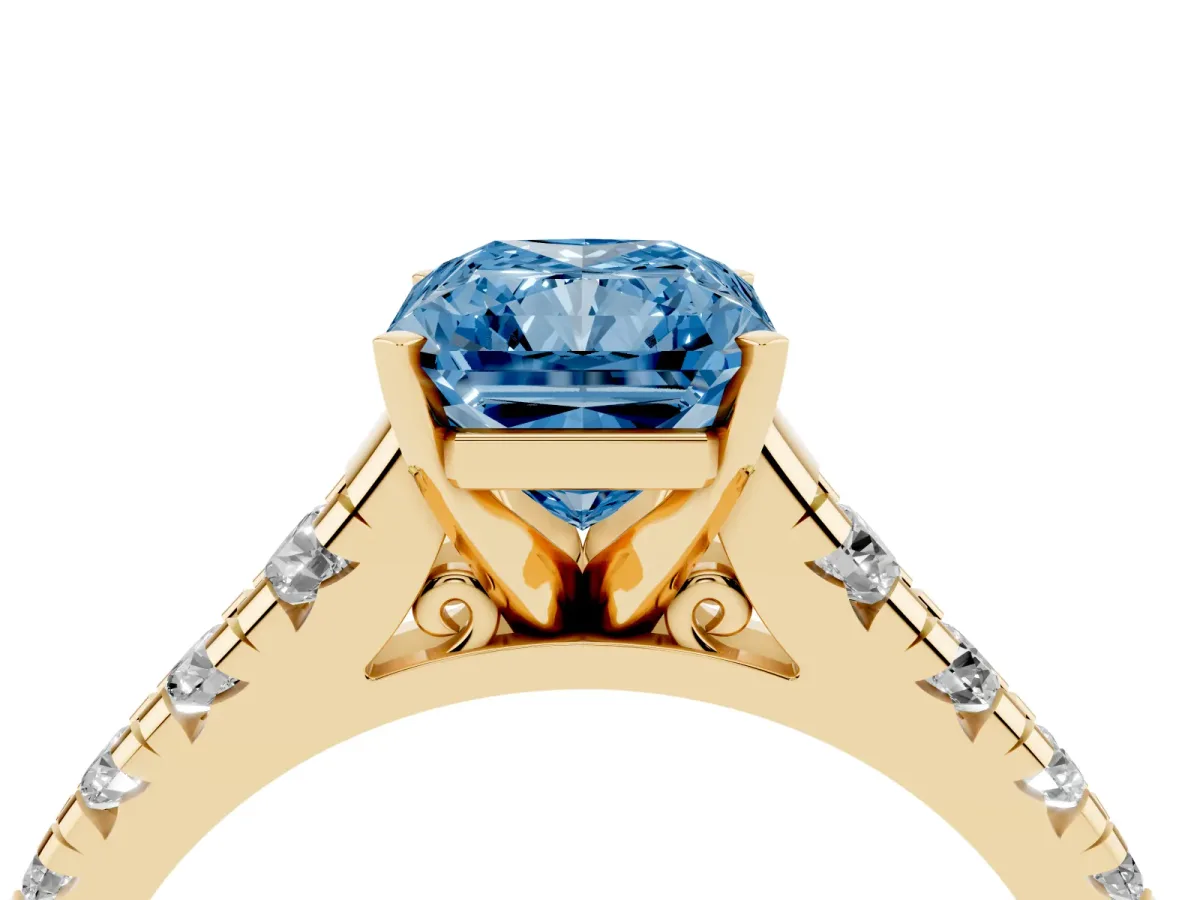Fancy Blue Radiant Cut Diamond Cathedral Solitaire Ring with Round Pavé Band Yellow gold