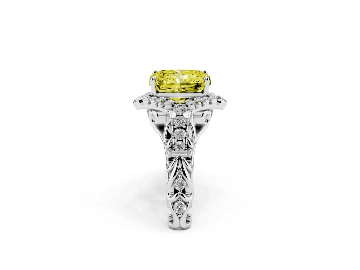Fancy Yellow Radiant Cut Diamond Solitaire Ring with Hidden Halo and Pavé Band Platinum