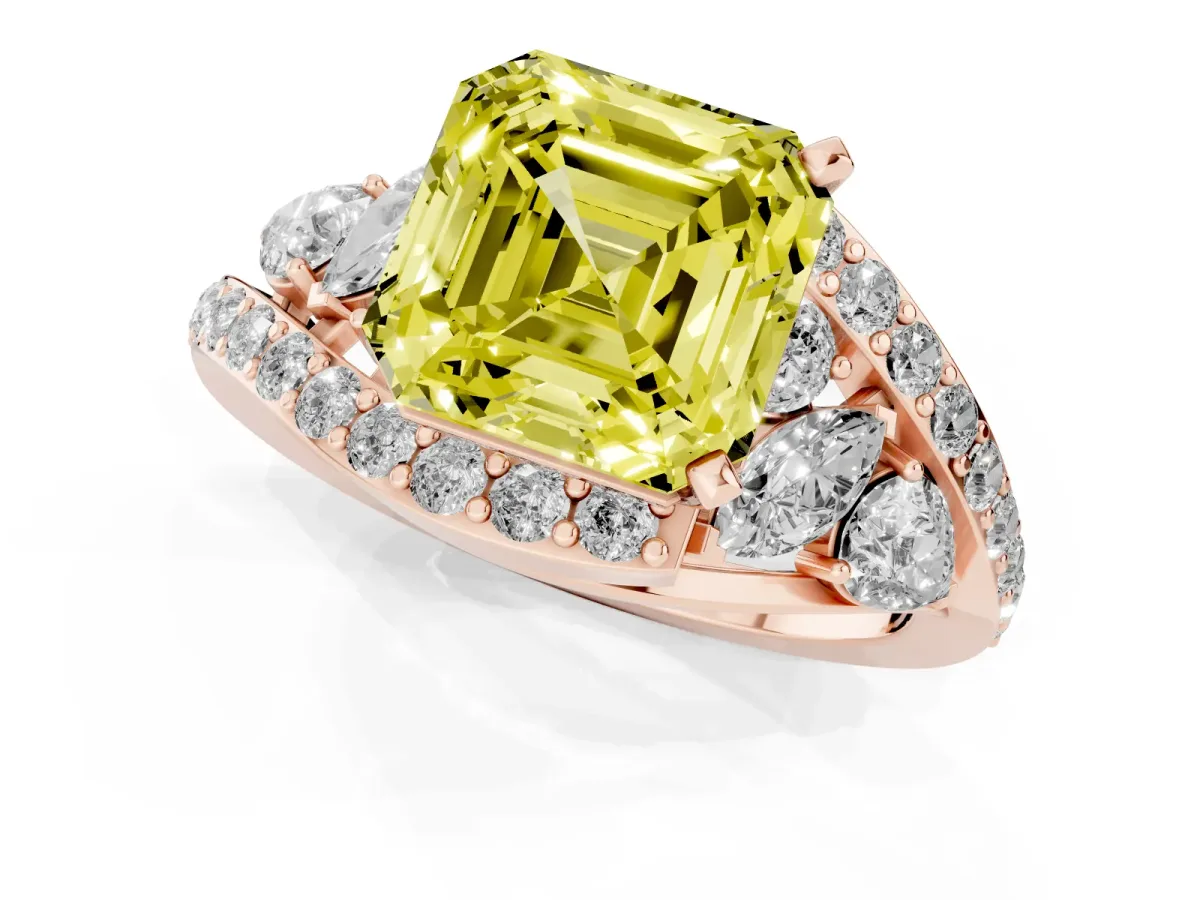 Fancy Yellow Asscher Cut Diamond Halo Ring with Marquise and Pavé Band in Prong Setting Rose gold