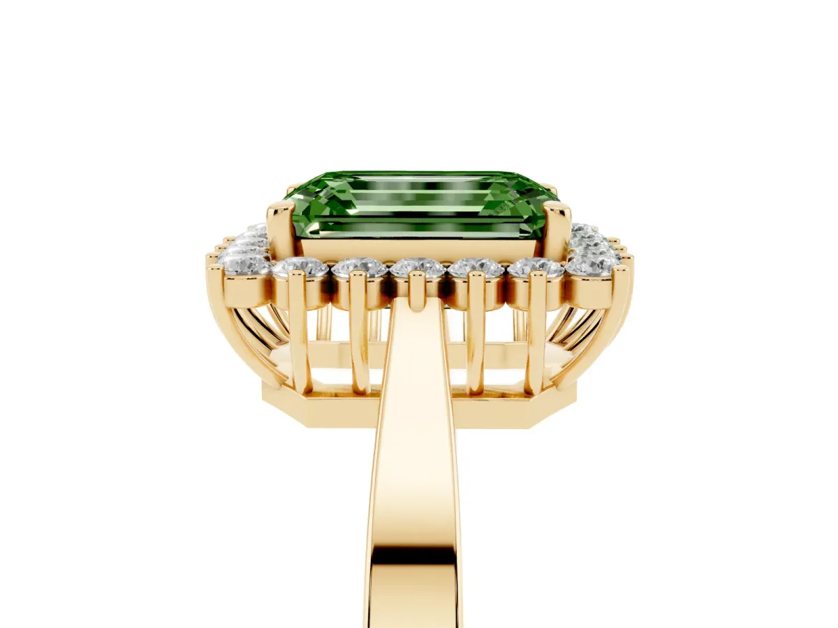Fancy Green Emerald Cut Cut Diamond Halo Ring with Round Brilliant Halo and Solitaire Band Yellow gold