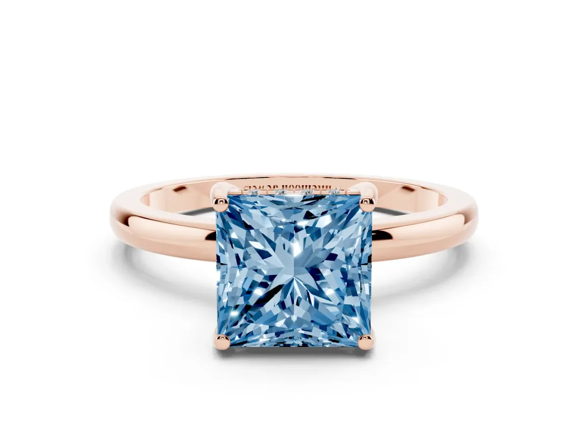 Fancy Blue Princess Cut Solitaire Diamond Ring with Prong Setting and Plain Band Rose gold