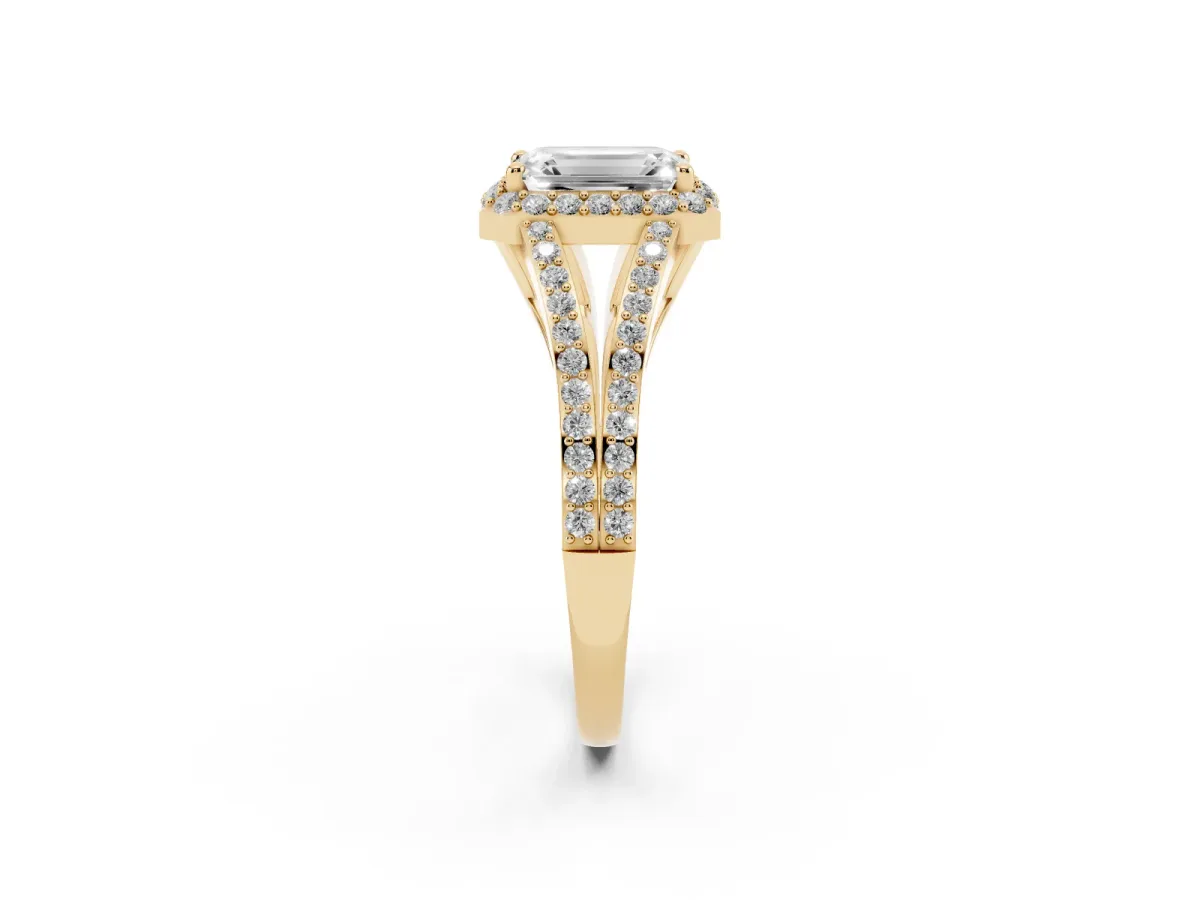Emerald Cut Halo Split Shank Pave Diamond Ring with Four-Prong Setting Yellow gold