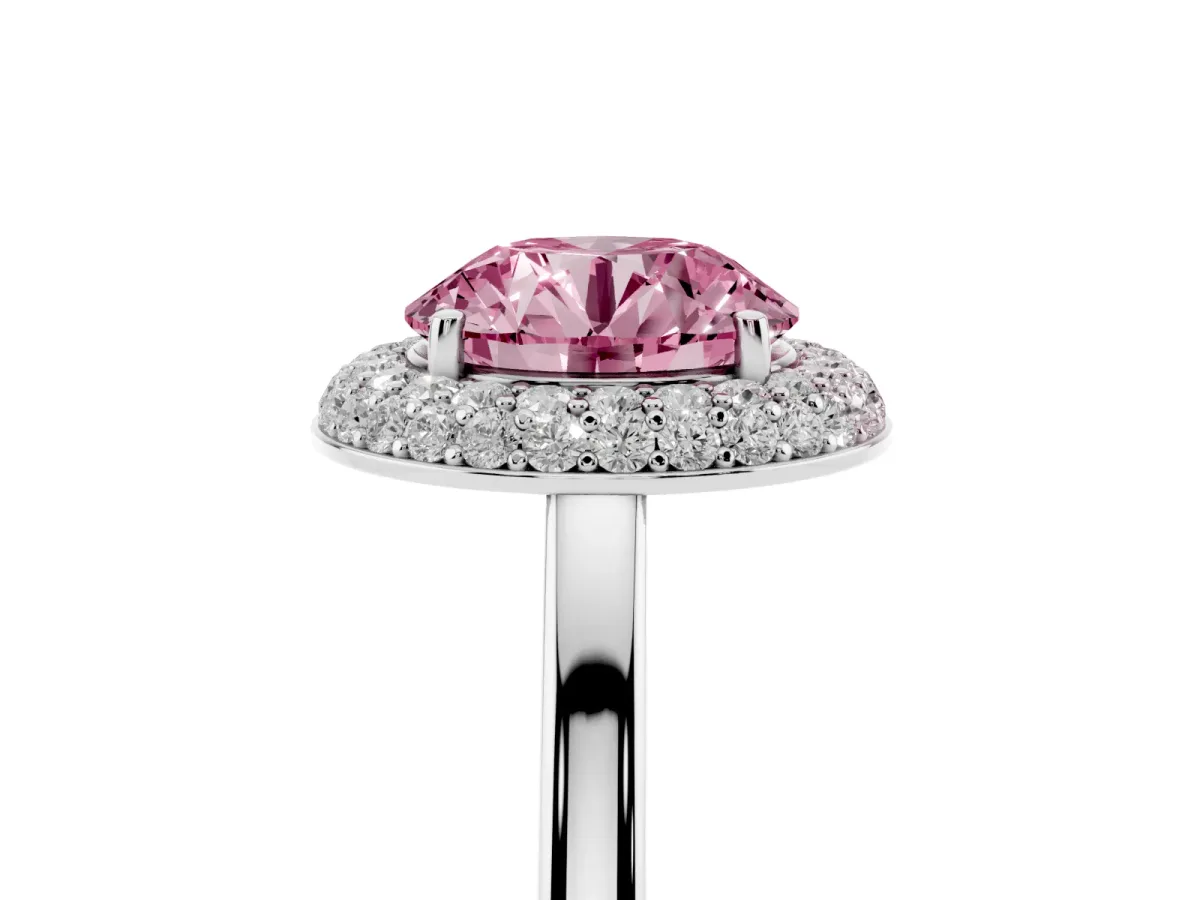 Fancy Pink Round Cut Halo Diamond Engagement Ring with Solitaire Band and Four-Prong Setting White gold