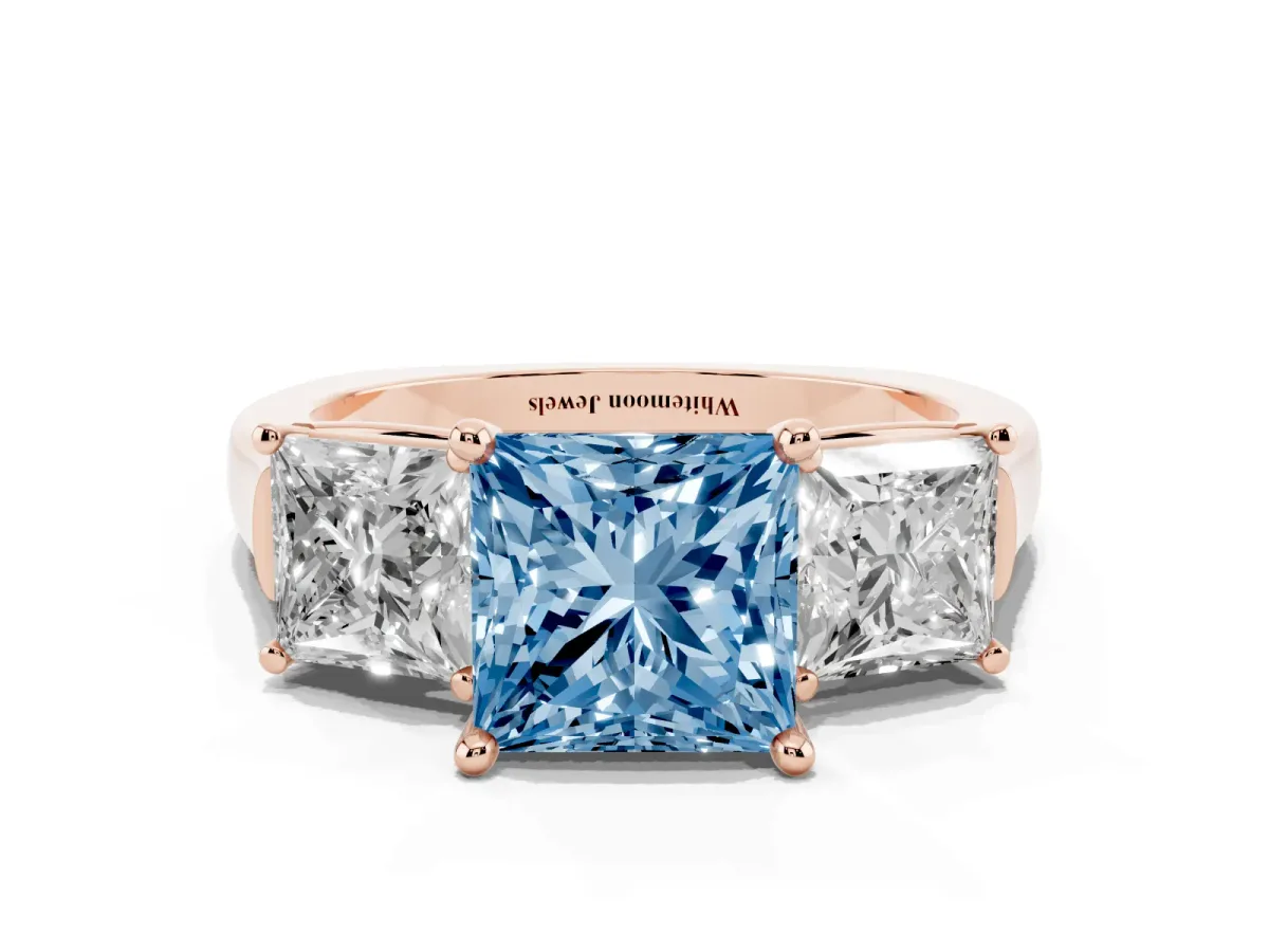 Fancy Blue Three-Stone Princess Cut Brilliant Diamond Trellis Ring with Comfort Fit Band Rose gold