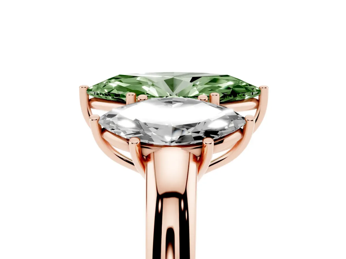 Fancy Green Marquise Cut Diamond Three-Stone Ring with Four-Prong Setting and Classic Band Rose gold