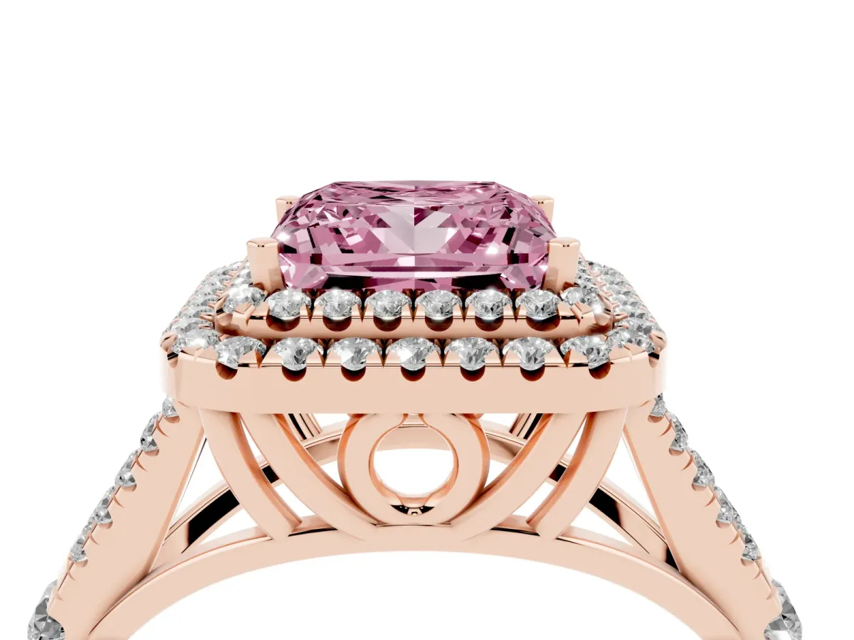 Fancy Pink Princess Cut Diamond Double Halo Ring with Split Shank and Prong Setting Rose gold