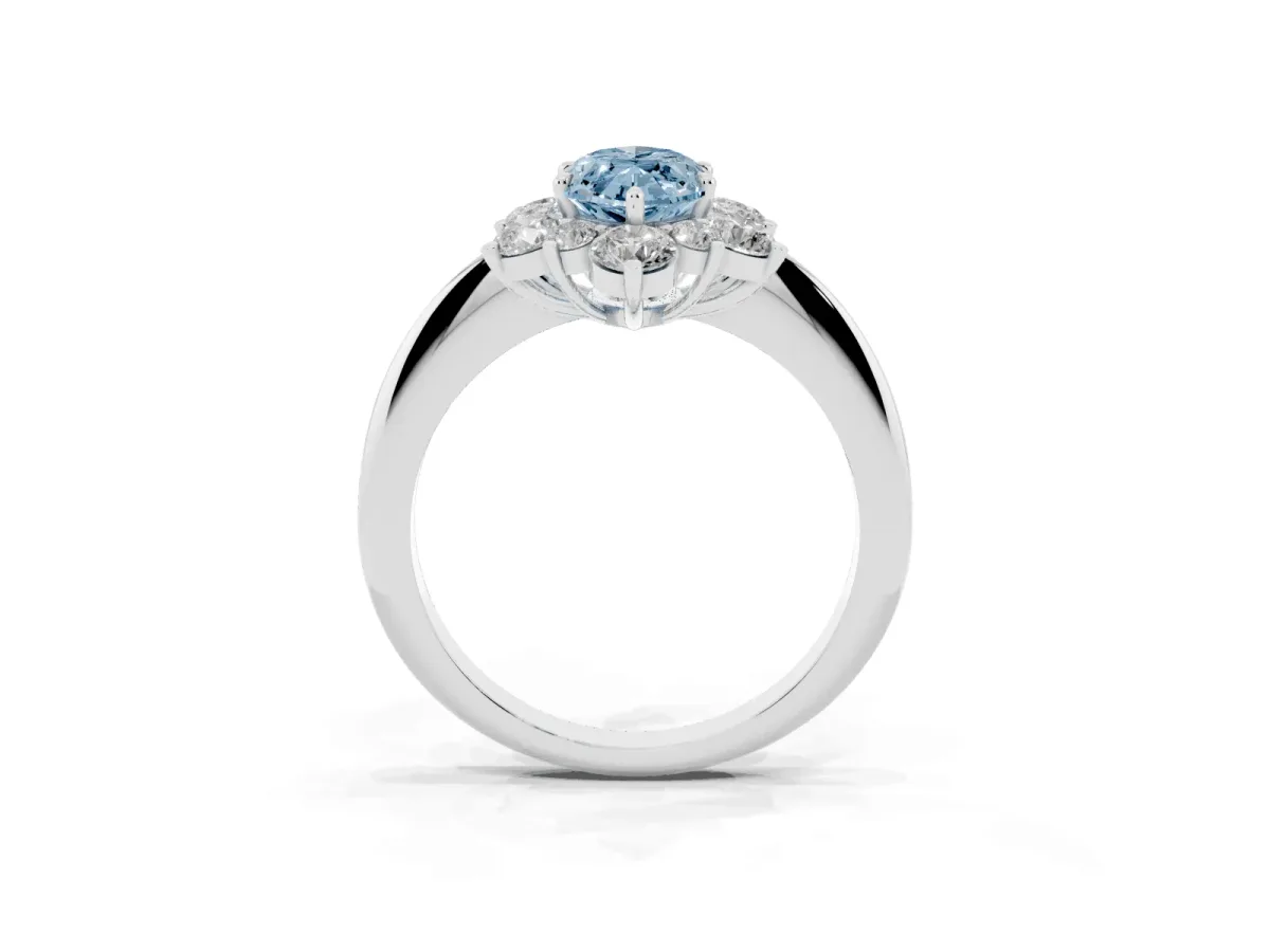 Fancy Blue Marquise Cut Diamond Cluster Halo Ring with Solitaire Band and Four-Prong Setting White gold