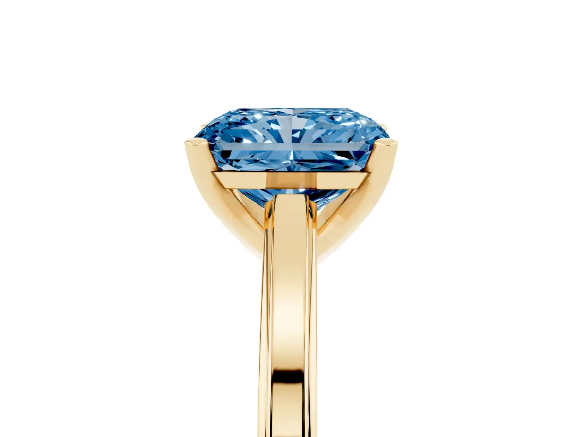 Fancy Blue Radiant Cut Solitaire Diamond Ring with Four-Prong Setting and Classic Band Yellow gold