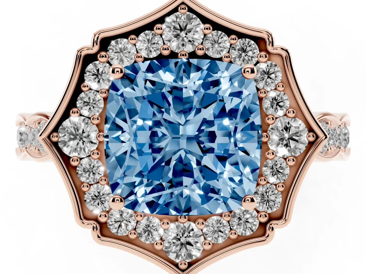 Fancy Blue Cushion Cut Halo Diamond Engagement Ring with Milgrain Band and Four-Prong Setting Rose gold