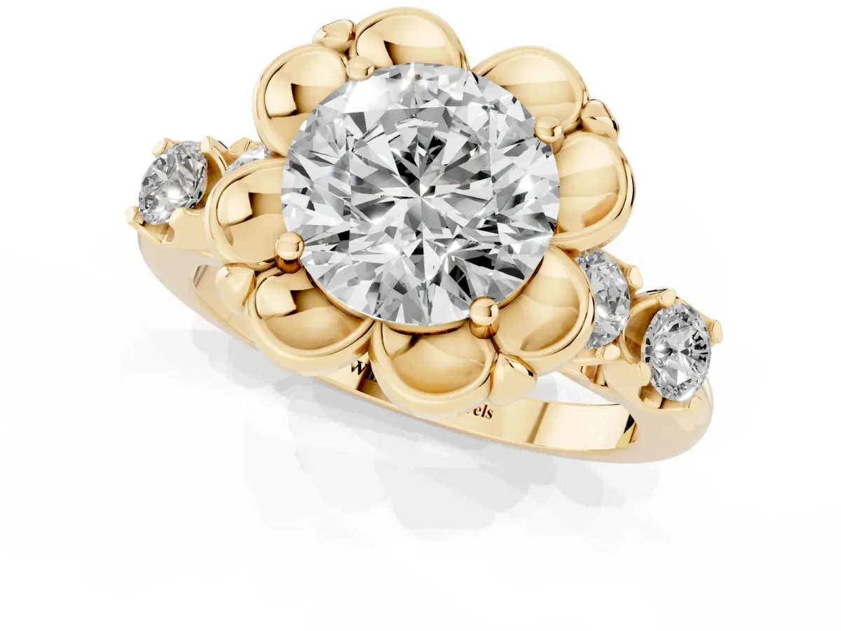 Round Cut Cut Diamond Floral Halo Engagement Ring with Shared Prong Setting Yellow gold