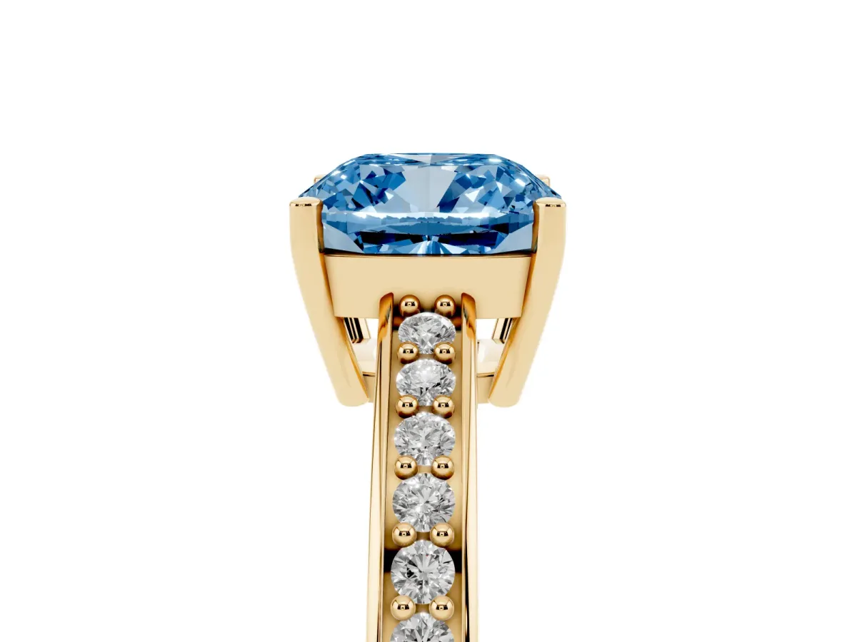 Fancy Blue Cushion Cut Solitaire Pavé Band Prong Setting Ring Yellow gold