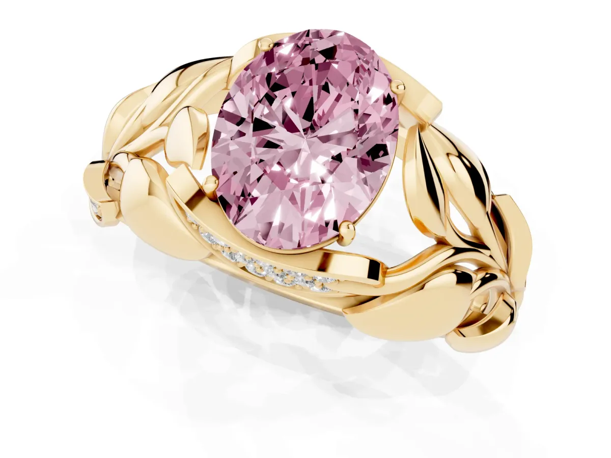 Fancy Pink Oval Cut Diamond Leaf-Inspired Engagement Ring with Round Accents and Prong Setting Yellow gold