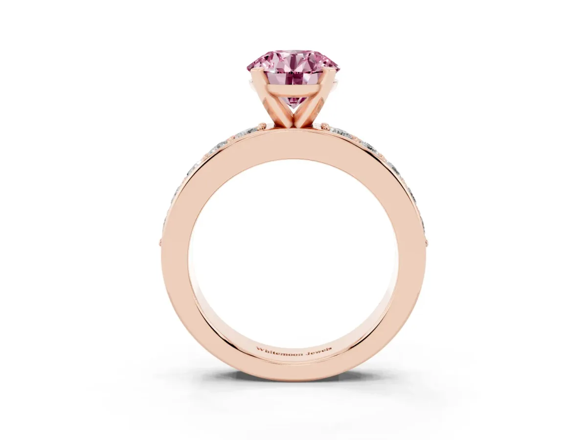 Fancy Pink Round Cut Diamond Engagement Ring with Channel Set Round Band and Prong Setting Rose gold