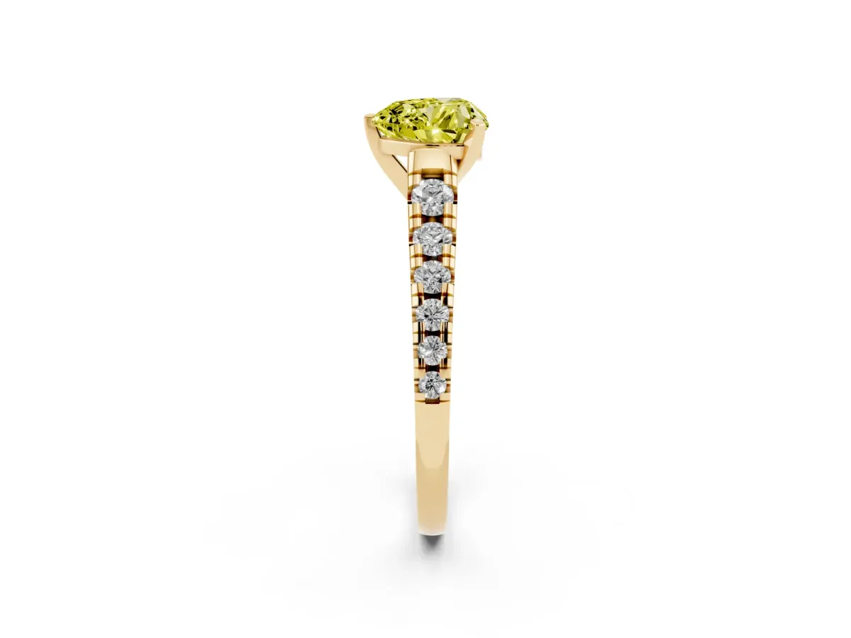 Fancy Yellow Heart Cut Diamond Cathedral Solitaire Ring with Round Pavé Band Yellow gold