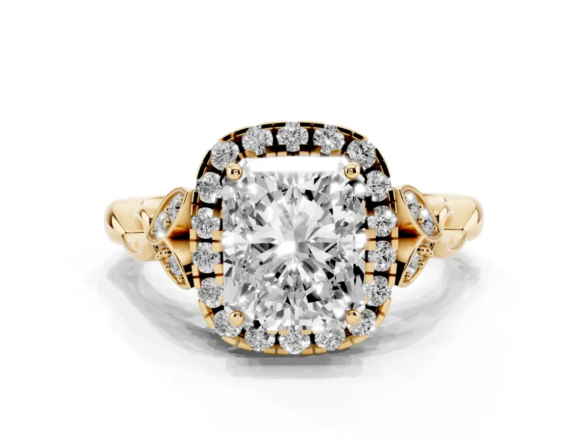 Radiant Cut Halo Diamond Engagement Ring with Vintage-Inspired Band and Four-Prong Setting Yellow gold