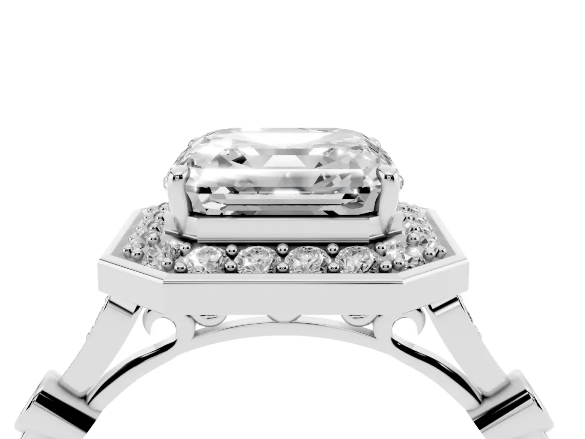 Asscher Cut Halo Diamond Engagement Ring with Twisted Band and Four-Prong Setting White gold