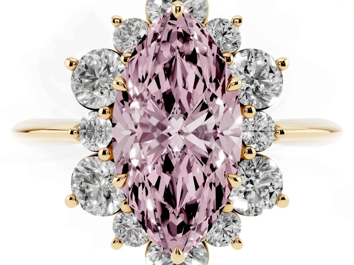 Fancy Pink Marquise Cut Diamond Cluster Halo Ring with Solitaire Band and Four-Prong Setting Yellow gold
