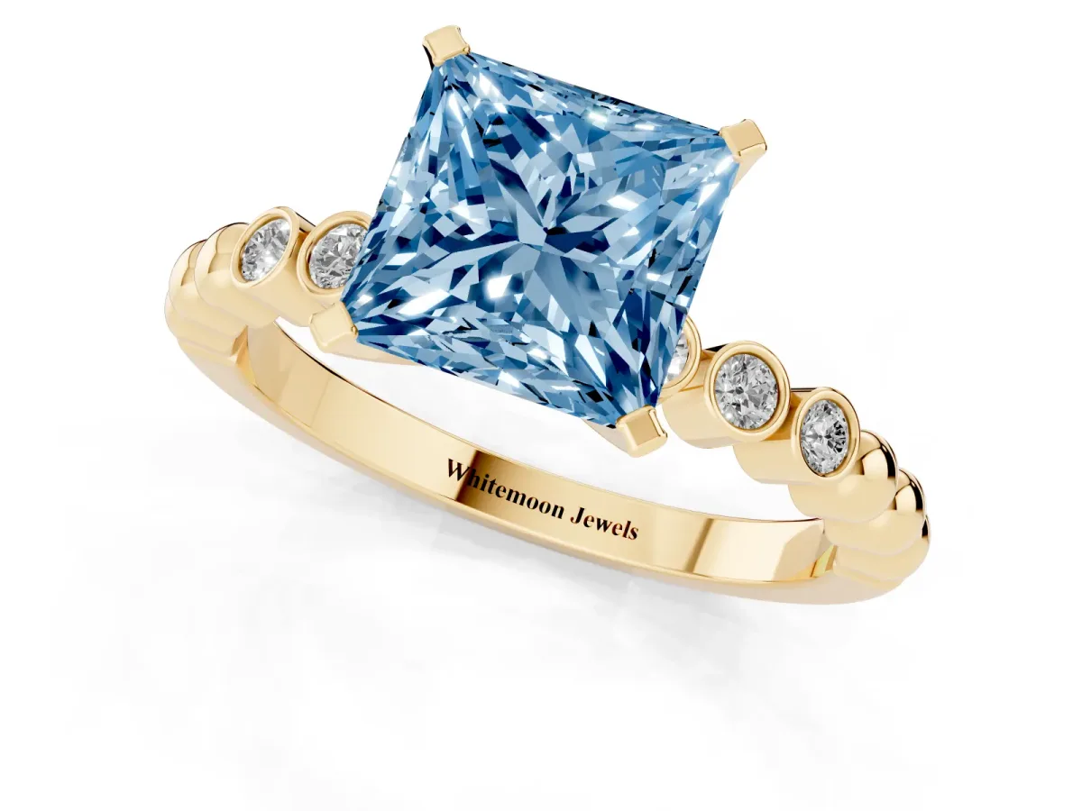 Fancy Blue Princess Cut Solitaire Bezel Accent Diamond Engagement Ring with Beaded Band and Four-Prong Setting Yellow gold
