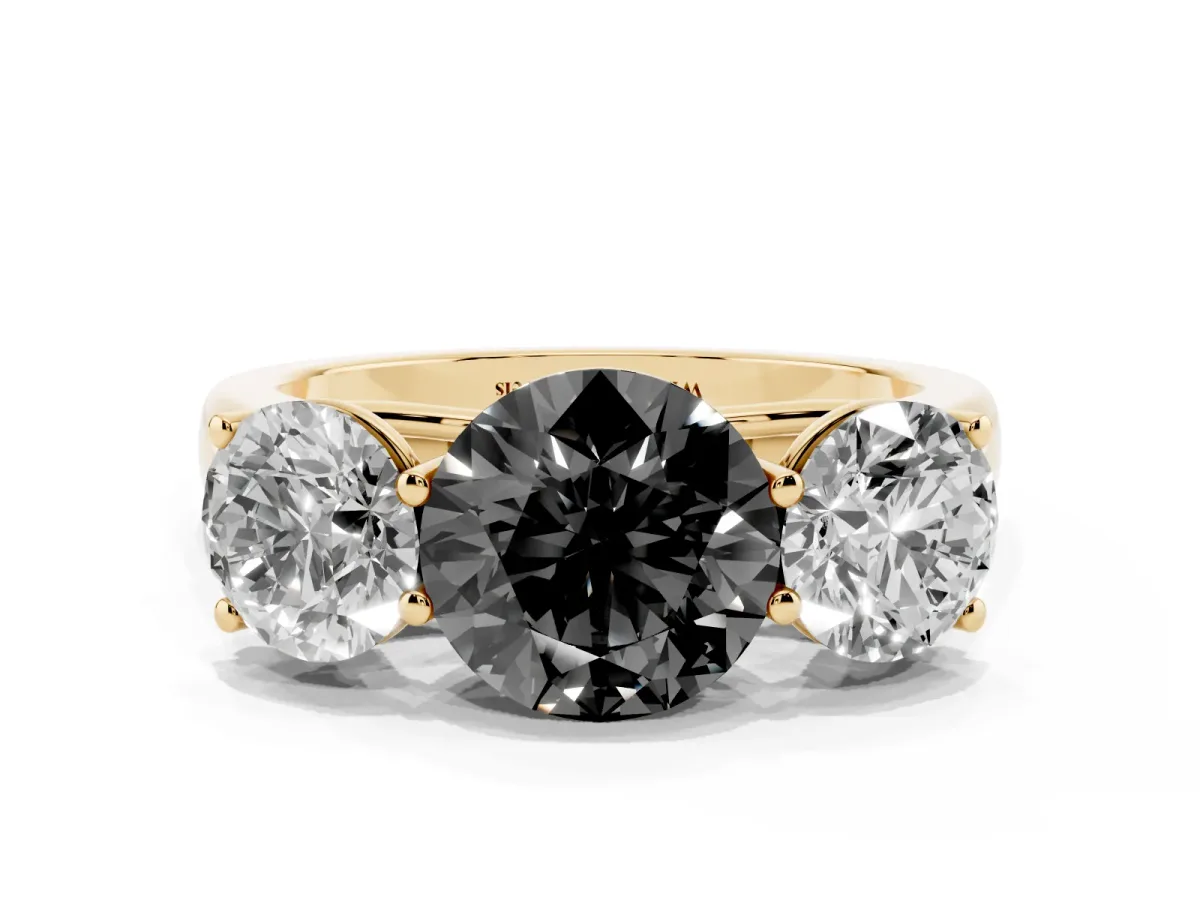 Fancy Black Round Cut Three-Stone Diamond Ring with Prong Setting on a Classic Band Yellow gold