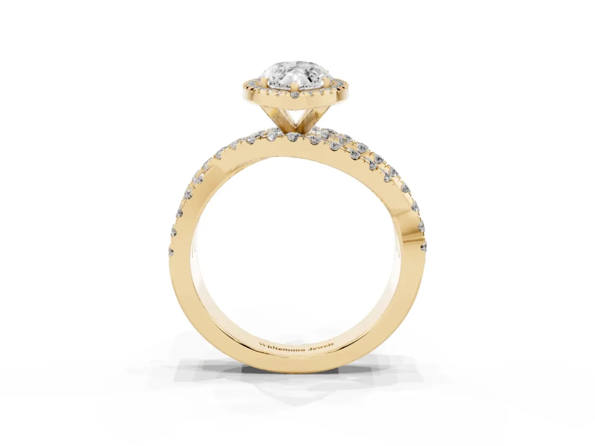 Marquise Cut Diamond Halo Ring with Round Split Shank and Prong Setting Yellow gold