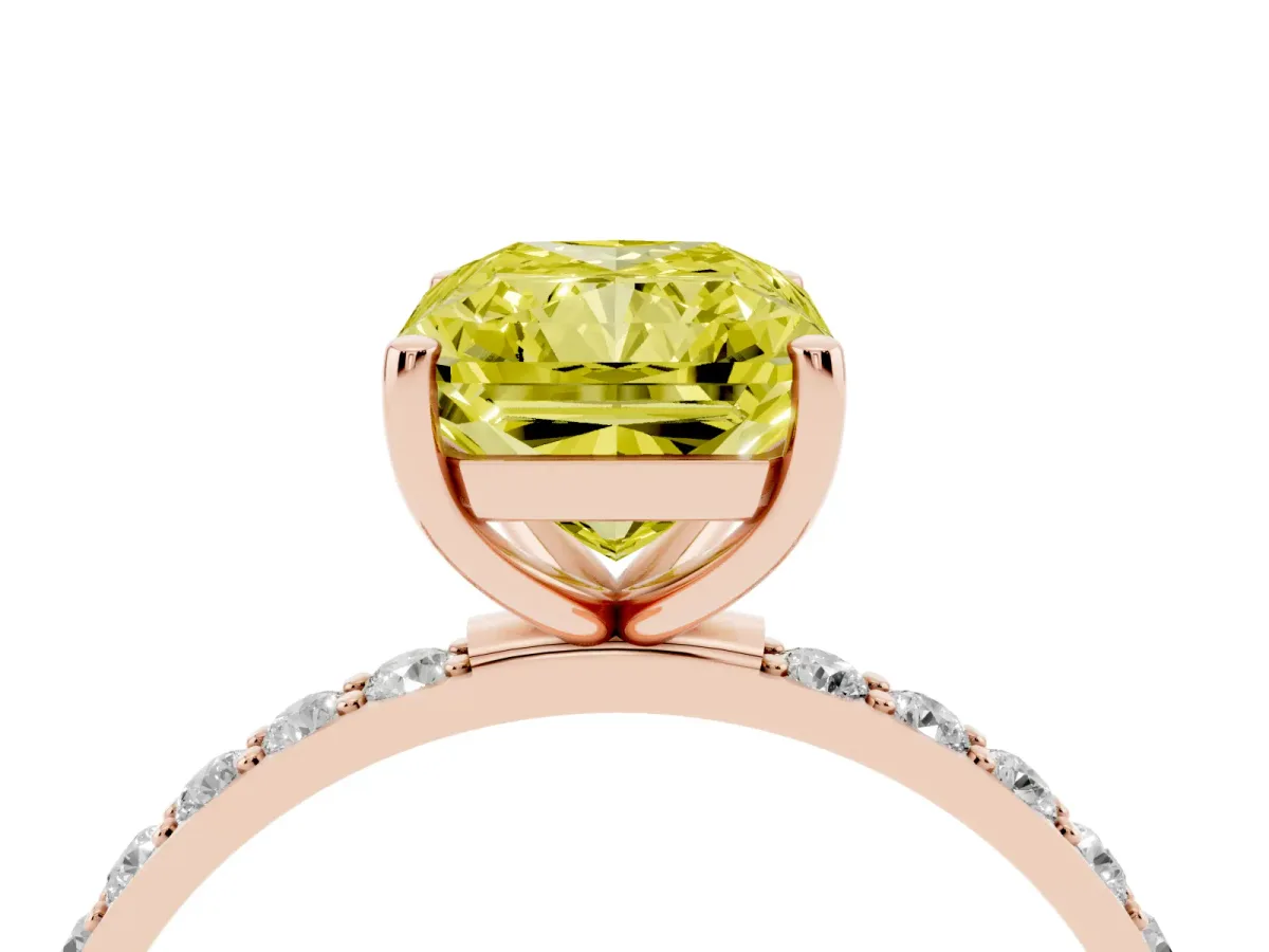 Fancy Yellow Radiant Cut Diamond Solitaire Ring with Round Pavé Shoulders and Prong Setting Rose gold