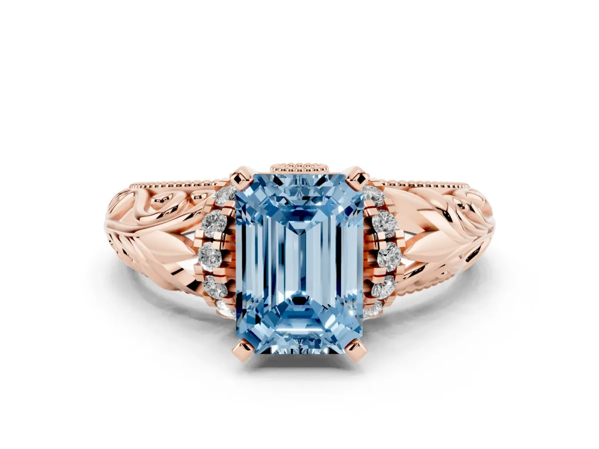 Fancy Blue Emerald Cut Solitaire Filigree Engagement Ring with Halo and Prong Setting Rose gold