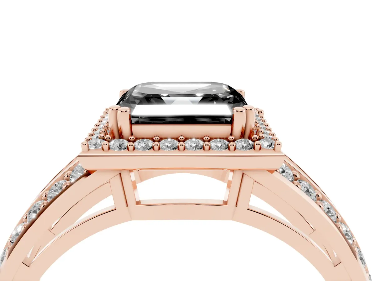 Fancy Black Asscher Cut Diamond Halo Ring with Split Shank Pavé Band and Four-Prong Setting Rose gold
