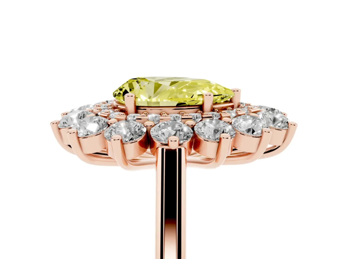 Fancy Yellow Pear Cut Diamond Floral Double Halo Engagement Ring with Prong Setting Rose gold