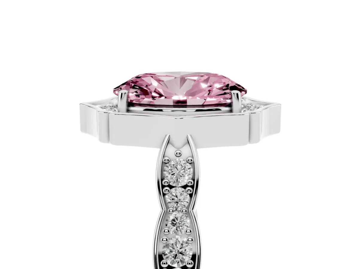 Fancy Pink Oval Cut Halo Diamond Engagement Ring with Milgrain Band and Four-Prong Setting Platinum
