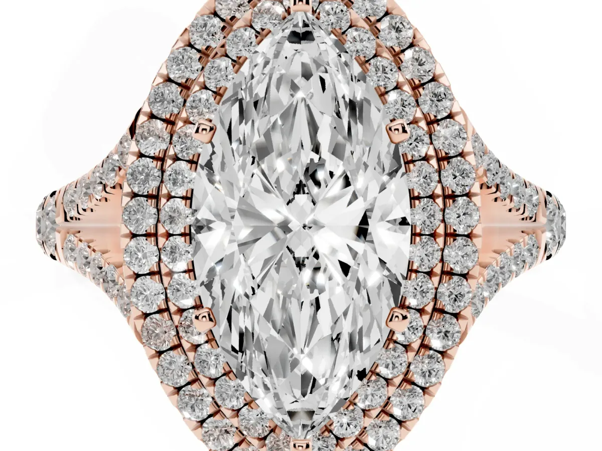 Marquise Cut Cut Double Halo Split Shank Diamond Ring with Prong Setting Rose gold