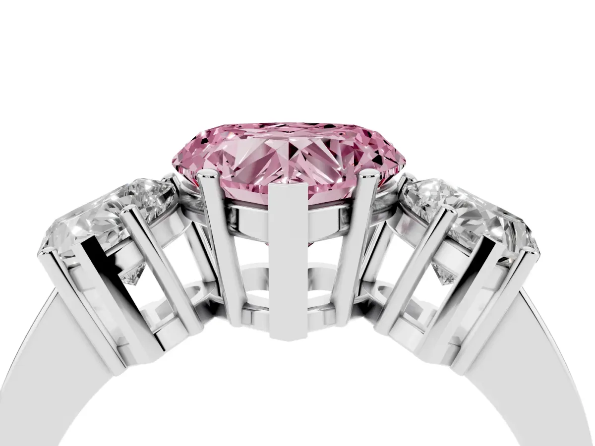 Fancy Pink Three-Stone Heart Cut Cut Diamond Engagement Ring with Flat Band and Four-Prong Setting Silver