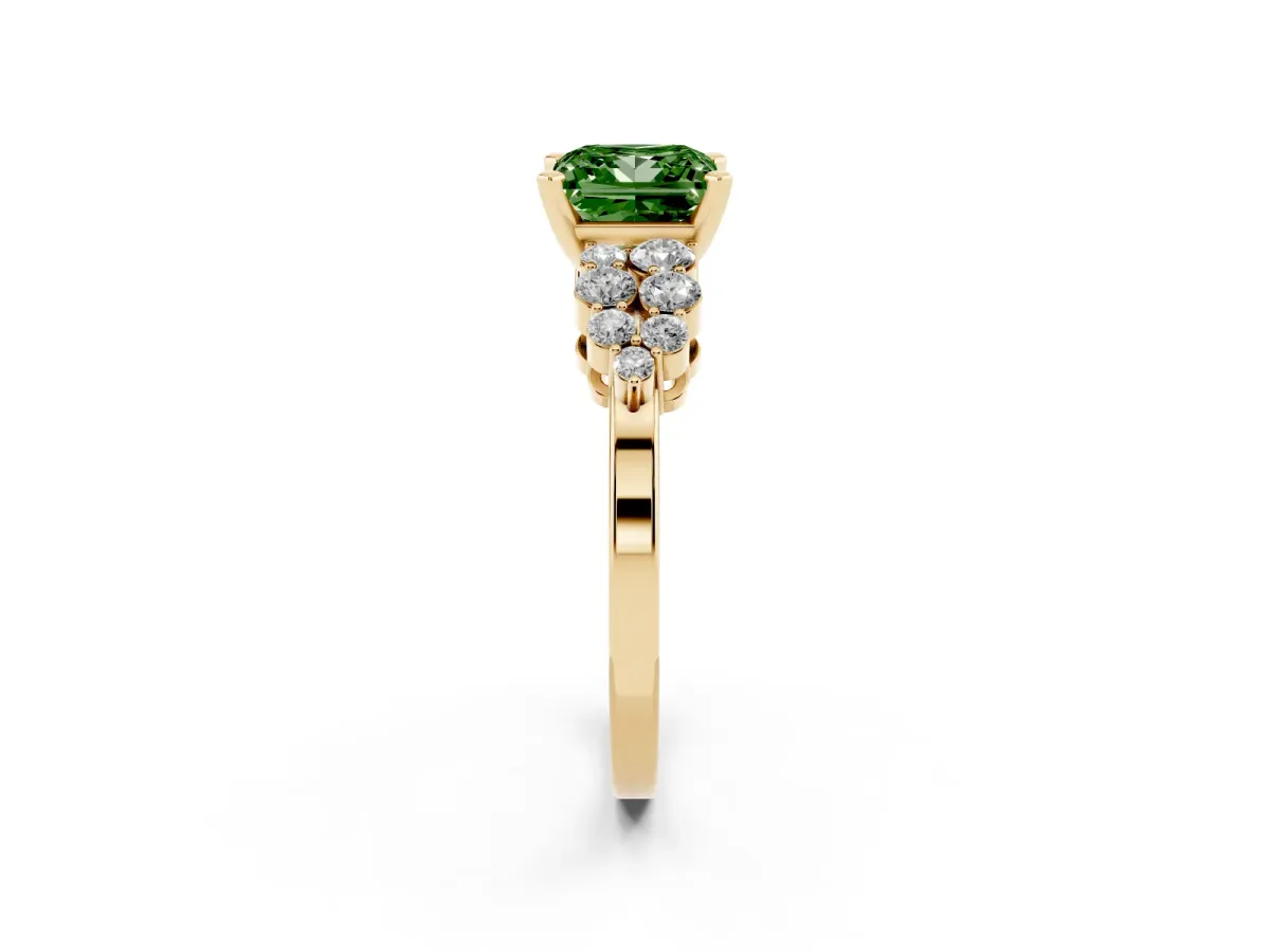 Fancy Green Princess Cut Cluster Diamond Engagement Ring with Pavé Band and Four-Prong Setting Yellow gold
