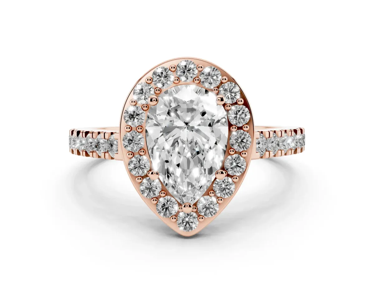 Pear Cut Diamond Halo Ring with Round Pavé Split Shank and Prong Setting Rose gold