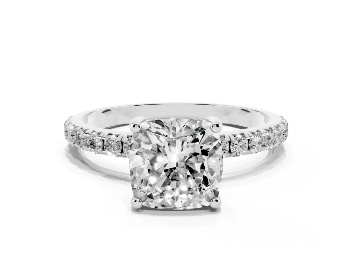 Cushion Cut Cut Diamond Solitaire Ring with Micro Pave Band and Four Prong Setting Silver