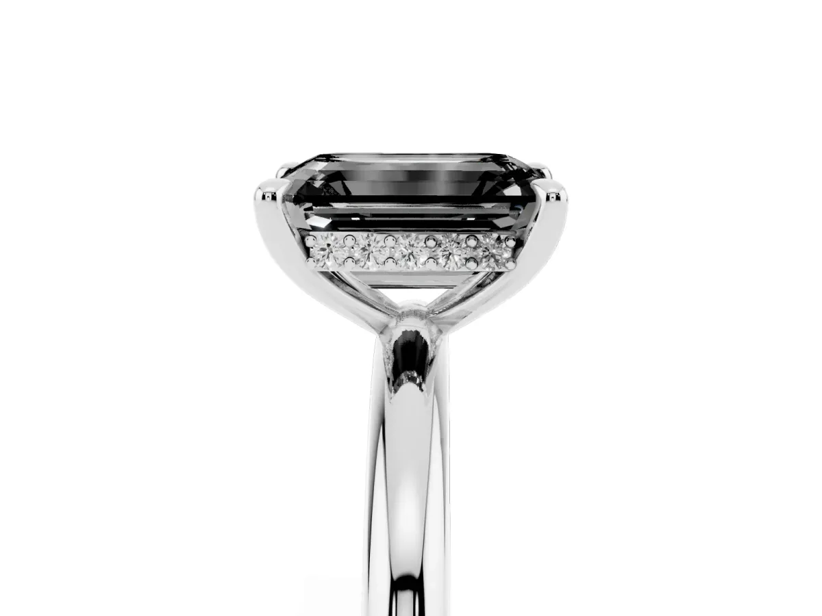 Fancy Black Emerald Cut Diamond Solitaire Ring with Thin Band and Four-Prong Setting Silver