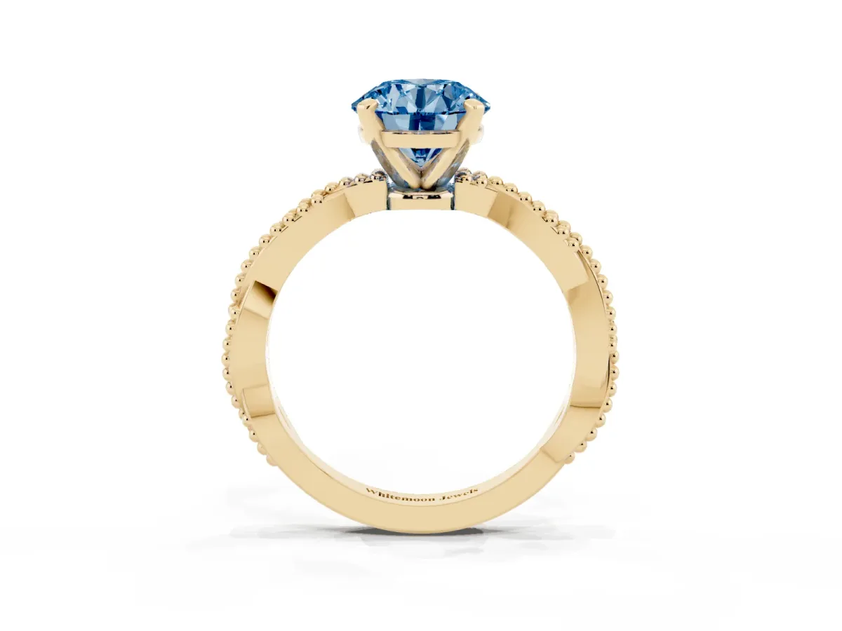 Fancy Blue Round Cut Solitaire Twisted Band with Bead Prong Setting Yellow gold