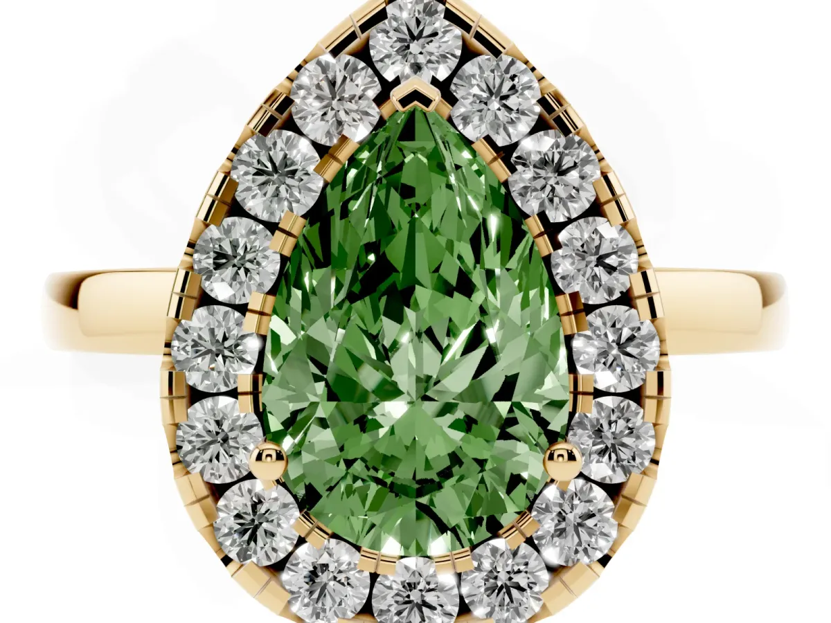 Fancy Green Pear Cut Halo Diamond Solitaire with Pavé Band and Four-Prong Setting Yellow gold
